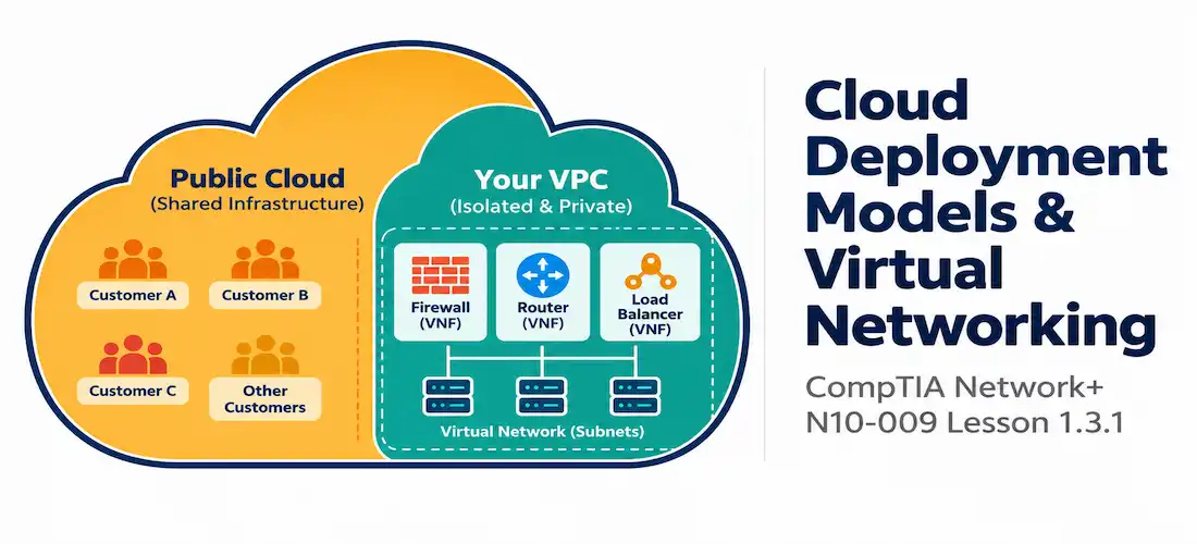 Lesson 1.3.1 — Cloud Deployment Models &Amp; Virtual Networking 1 Illustration Of Cloud Deployment Models And Virtual Networking Alongside The Network+ N10-009 Lesson 1.3.1 Title Card