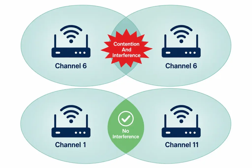 Wireless Principles: Channels, Ssids, Rf Fundamentals, And Encryption 4 Diagram Showing Two Adjacent Access Points On The Same Channel Causing Interference, Compared To The Same Aps On Different Nonoverlapping Channels Avoiding It