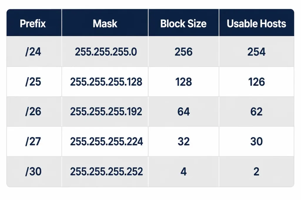 Configuring And Verifying Ipv4 Addressing And Subnetting 5 Reference Table Showing Common Cidr Prefixes, Their Subnet Masks, Block Sizes, And Usable Host Counts