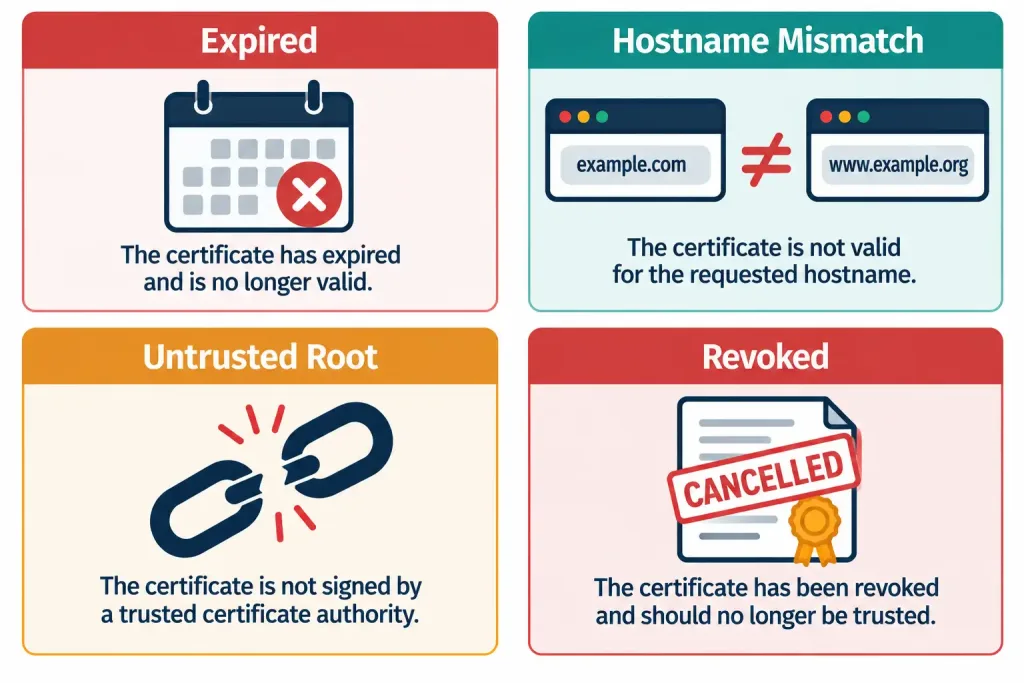 Lesson 4.1.2 — Certificates &Amp; Pki 4 Diagram Showing Four Distinct Certificate Validation Failures: Expired, Hostname Mismatch, Untrusted Root, And Revoked