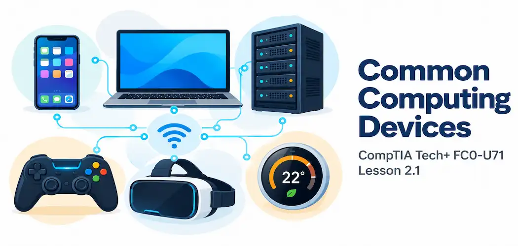 Lesson 2.1 — Common Computing Devices And Their Purposes 1 Illustration Of A Smartphone, Laptop, Server Rack, Gaming Controller, Vr Headset, And Smart Thermostat Arranged Together
