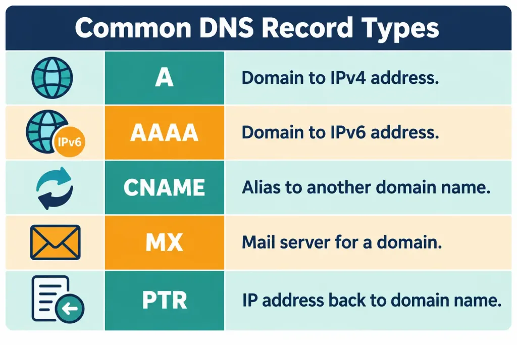 Explain The Role Of Dhcp And Dns Within The Network 5 Reference Table Of Common Dns Record Types Including A, Aaaa, Cname, Mx, And Ptr