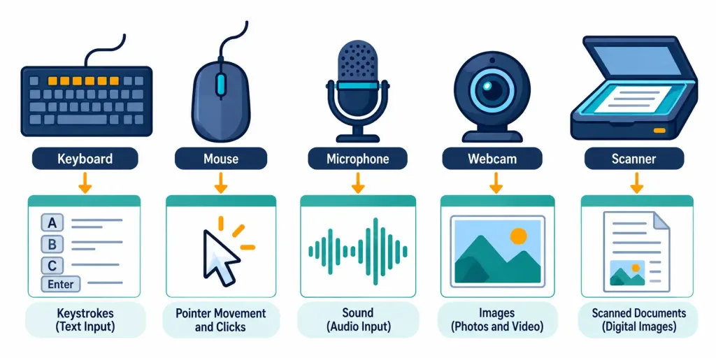 Lesson 1.2 — The Basics Of Computing 2 Diagram Showing Keyboard, Mouse, Microphone, Webcam, And Scanner Icons Each Paired With The Type Of Data They Capture