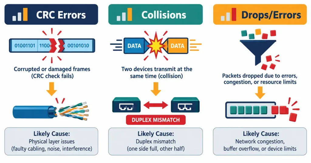 Lesson 5.2.2 — Interface, Poe &Amp; Transceiver Issues 2 Diagram Showing Crc Errors, Collisions, And Drops As Distinct Interface Counter Categories Each Pointing To A Different Cause