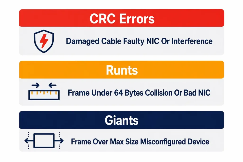 Identifying Interface And Cable Issues: Collisions, Errors, And Mismatches 2 Infographic Showing Three Interface Error Types — Crc Errors, Runts, And Giants — And What Each Typically Indicates
