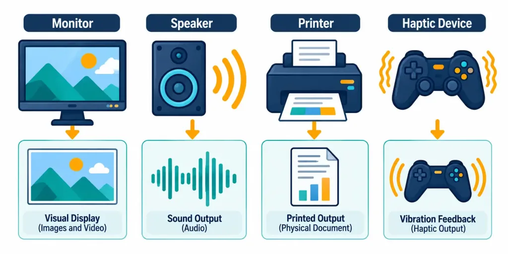 Lesson 1.2 — The Basics Of Computing 4 Diagram Showing Monitor, Speaker, Printer, And Haptic Feedback Icons Each Paired With What They Produce