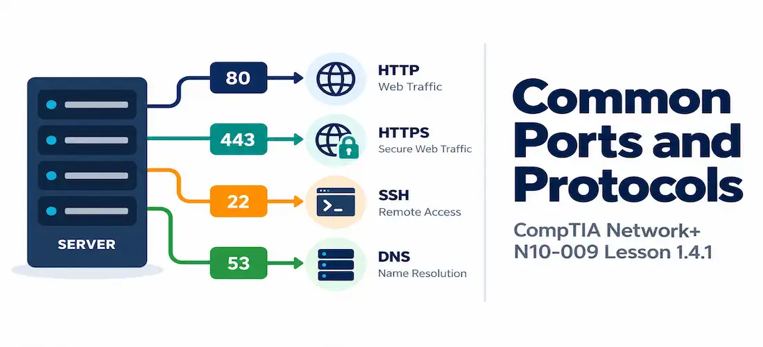 Lesson 1.4.1 — Common Ports And Protocols 1 Illustration Of Common Network Ports And Protocols Alongside The Network+ N10-009 Lesson 1.4.1 Title Card