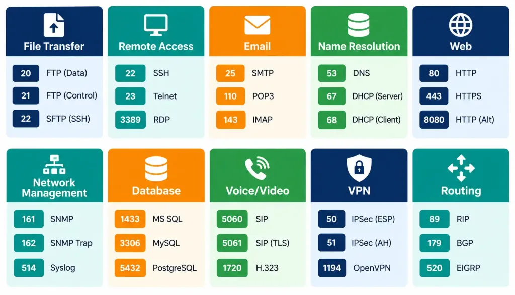Lesson 1.4.1 — Common Ports And Protocols 3 Diagram Grouping Common Network+ Ports And Protocols By Category