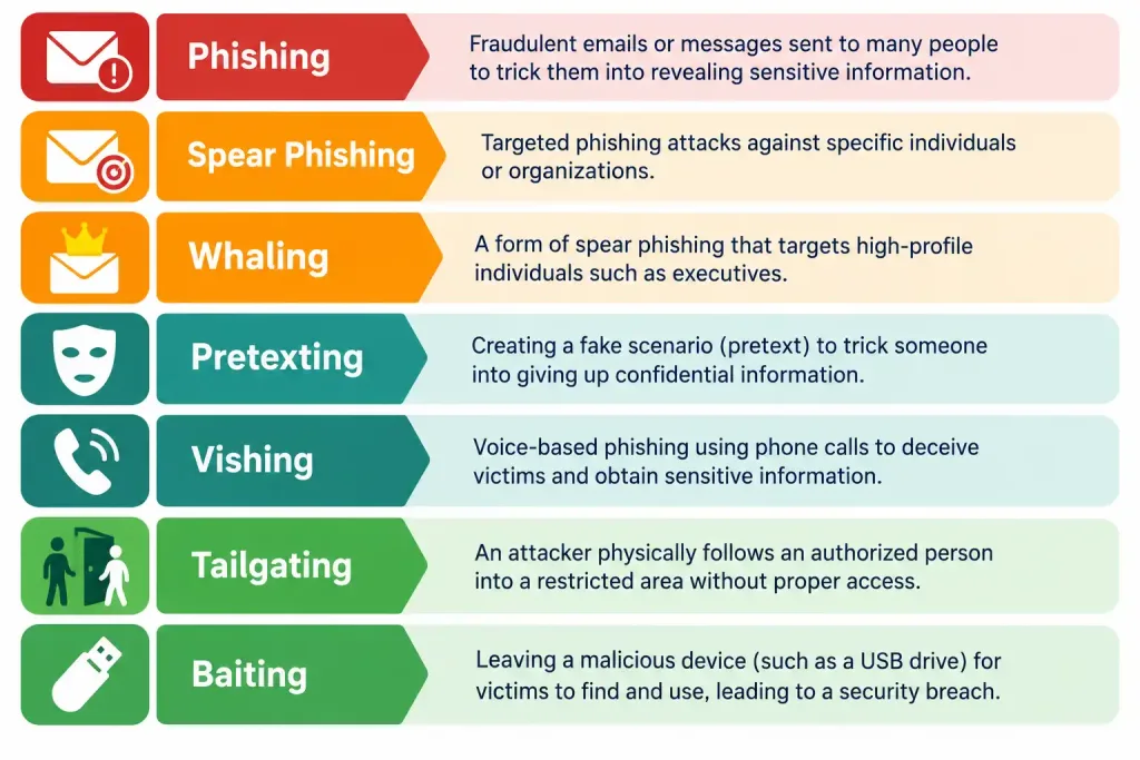 Describe Security Program Elements 3 Reference Chart Of Seven Common Social Engineering Techniques Including Phishing, Pretexting, Vishing, Tailgating, And Baiting