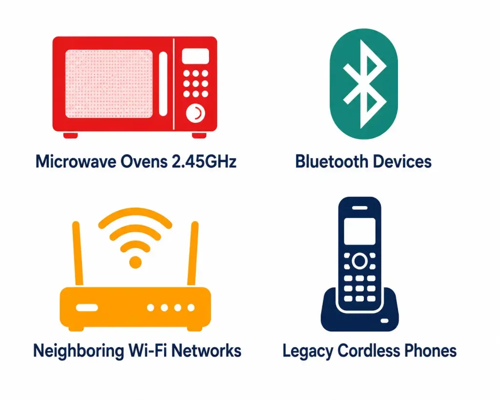Wireless Principles: Channels, Ssids, Rf Fundamentals, And Encryption 7 Grid Of Four Common Sources Of 2.4Ghz Interference: Microwave Ovens, Bluetooth Devices, Neighboring Wi-Fi Networks, And Legacy Cordless Phones