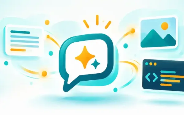 Illustration Of A Chat Bubble With An Ai Spark Icon Surrounded By Text, Image, And Code Generation Icons