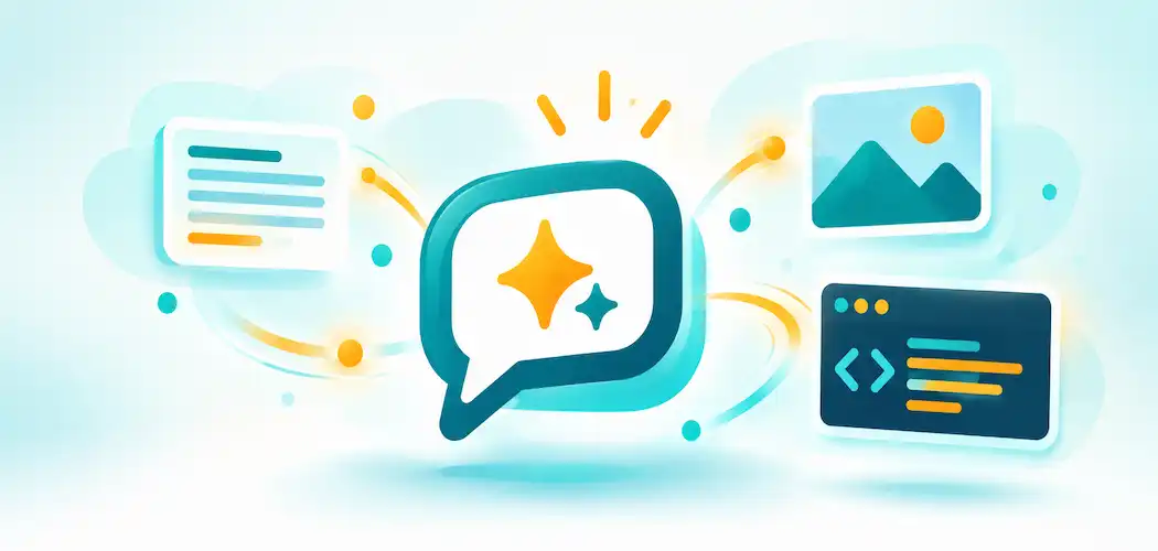 Lesson 3.5: Common Uses Of Artificial Intelligence 1 Illustration Of A Chat Bubble With An Ai Spark Icon Surrounded By Text, Image, And Code Generation Icons