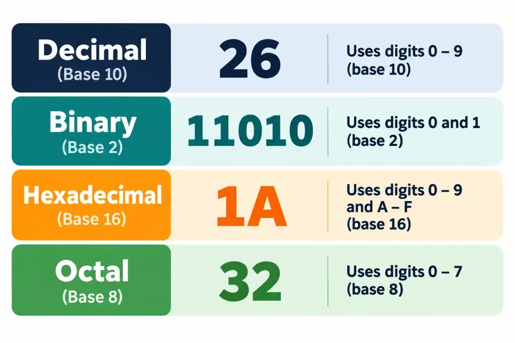 Lesson 1.1 — Notational Systems 4 Diagram Showing Real-World Examples Of Decimal, Binary, Hexadecimal, And Octal In Prices, Computer Chips, Color Codes, And File Permissions