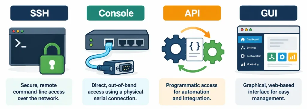 Lesson 3.5.1 — Remote Access &Amp; Management Methods 3 Diagram Comparing Ssh, Console, Api, And Gui As Distinct Device Management Access Methods