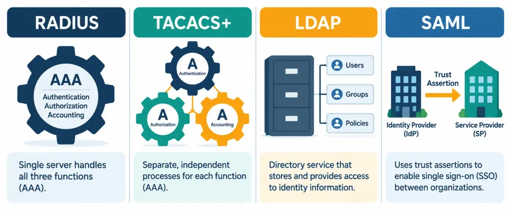 Lesson 4.1.3 — Authentication, Authorization &Amp; Identity Management 3 Diagram Comparing Radius'S Combined Aaa Exchange, Tacacs+'S Separated Aaa Processes, Ldap'S Directory Function, And Saml'S Cross-Organization Trust Assertion