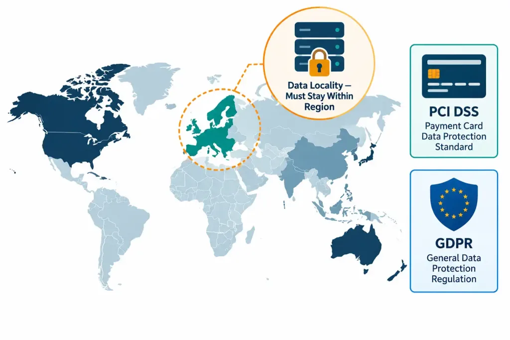 Lesson 4.1.4 — Physical Security, Deception Technology &Amp; Segmentation Enforcement 4 Diagram Showing A Data Server Icon Confined Within A Highlighted Geographic Region Alongside Pci Dss And Gdpr Compliance Badges