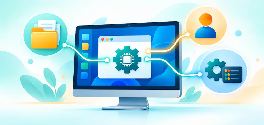 Lesson 3.1: Components Of An Operating System 1 Illustration Of A Desktop Screen With A Kernel Icon And Surrounding Icons For Files, Accounts, And Processes