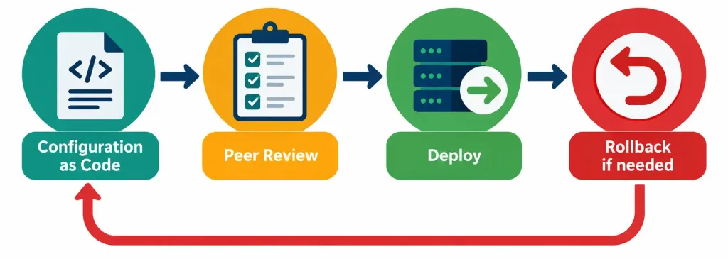 Explain How Automation Impacts Network Management 4 Pipeline Diagram Showing Configuration Defined As Code Moving Through Review, Deployment, And Rollback Stages