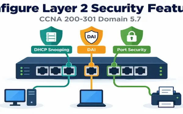 Illustration Of A Switch With Three Shield Icons Representing Dhcp Snooping, Dai, And Port Security Protecting Its Access Ports