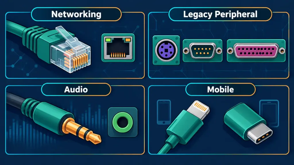 Lesson 2.5.1: Networking And Peripheral Connectors 2 Grid Showing Four Connector Families — Networking, Legacy Peripheral, Audio, And Mobile