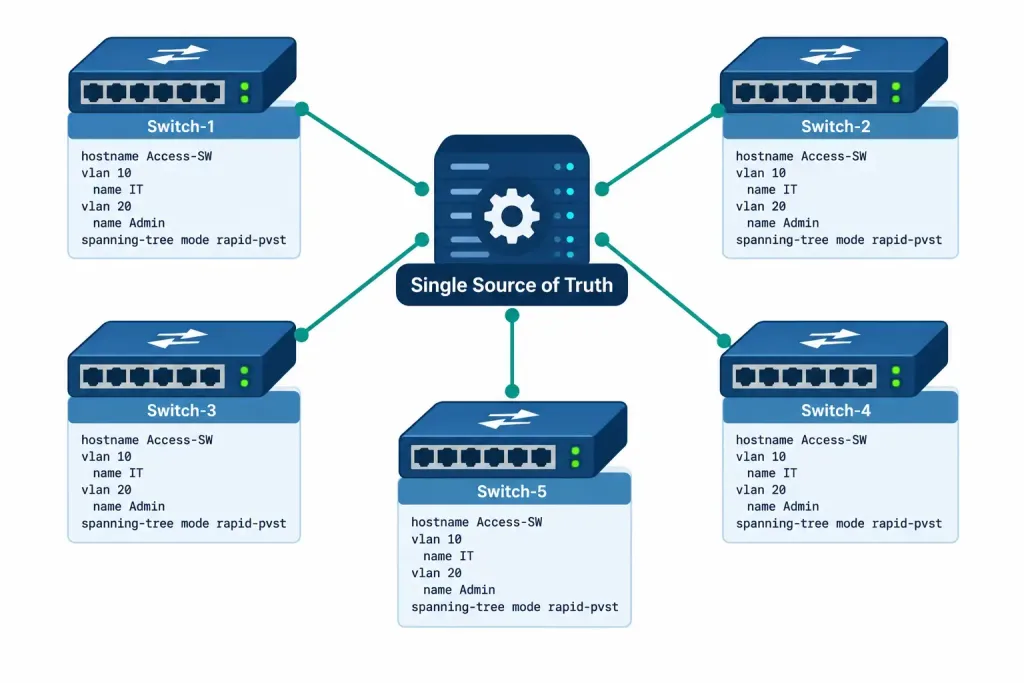 Compare Traditional Networks With Controller-Based Networking 3 Diagram Showing A Central Controller Maintaining Identical Configuration Across Multiple Managed Devices