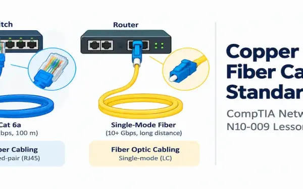 Illustration Of Copper And Fiber Cabling Standards Alongside The Network+ N10-009 Lesson 1.5.1 Title Card