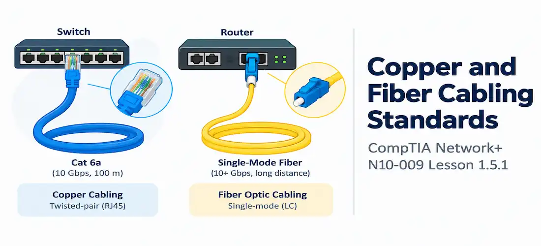 Lesson 1.5.1 — Copper And Fiber Cabling Standards 1 Illustration Of Copper And Fiber Cabling Standards Alongside The Network+ N10-009 Lesson 1.5.1 Title Card