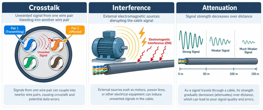 Lesson 5.2.1 — Cabling Issues &Amp; Signal Problems 2 Diagram Comparing Crosstalk Between Internal Wire Pairs, External Electrical Interference, And Signal Attenuation Over Distance