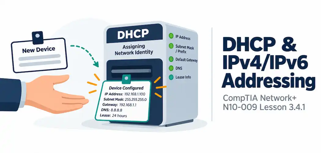 Lesson 3.4.1 Practice Quiz — Dhcp &Amp; Ipv4/Ipv6 Addressing Services 1 Illustration Of A Blank Name Tag Receiving A Filled-In Label From A Dispenser, Representing Automatic Address Assignment
