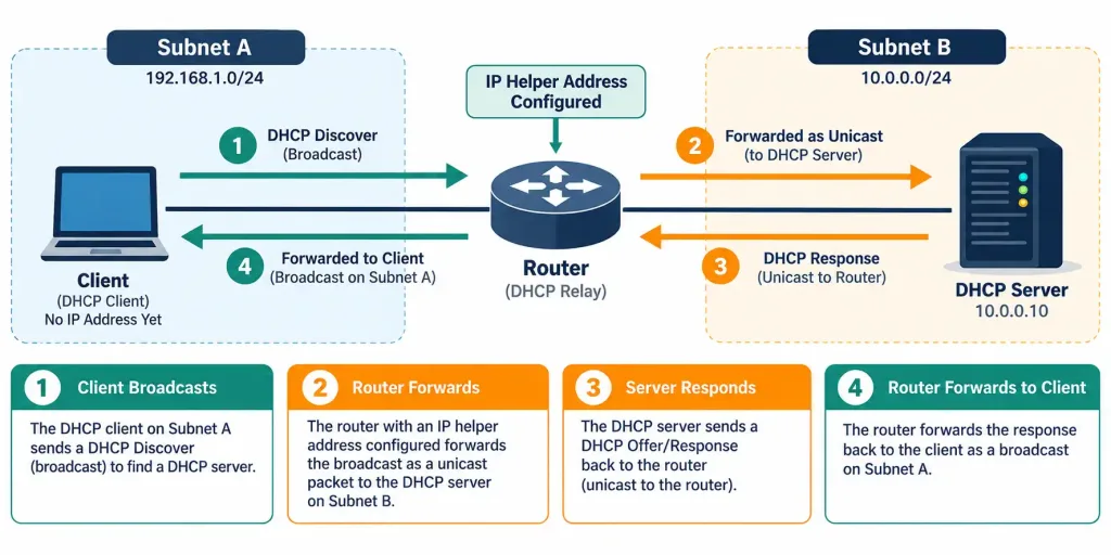 Lesson 3.4.1 Practice Quiz — Dhcp &Amp; Ipv4/Ipv6 Addressing Services 3 Diagram Showing A Router With An Ip Helper Address Forwarding A Dhcp Broadcast As Unicast To A Server On A Different Subnet