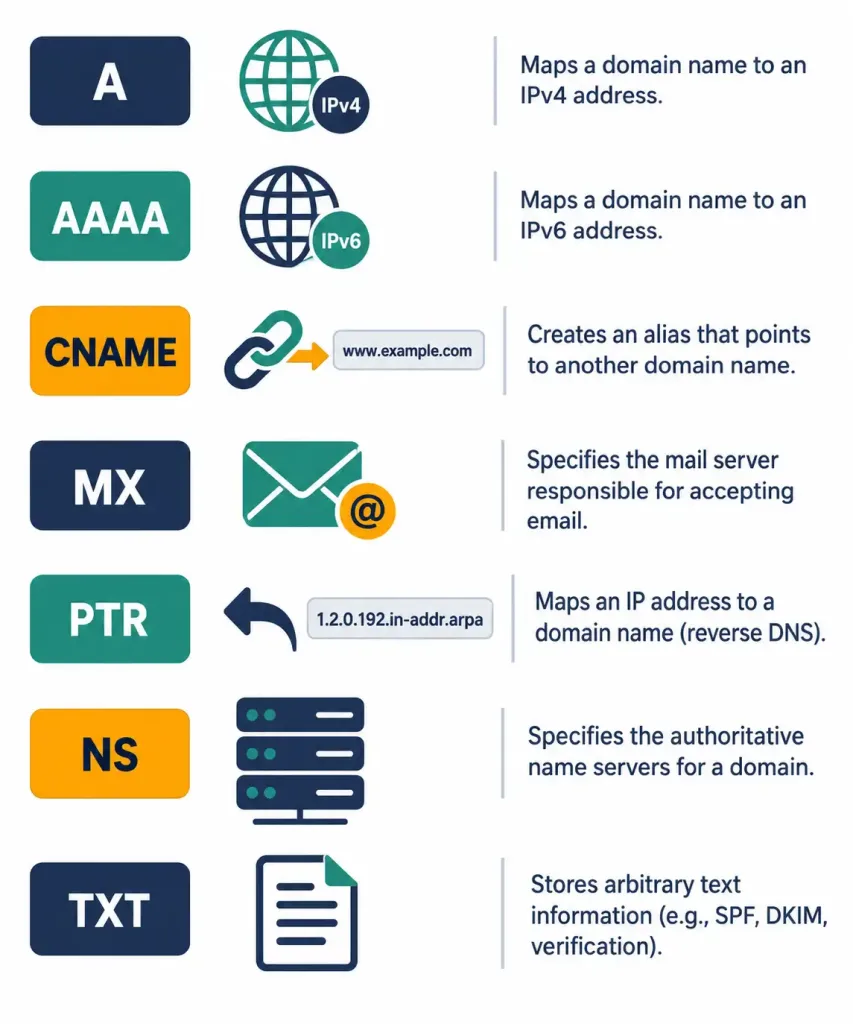 Lesson 3.4.2 — Dns &Amp; Time Services: Ntp, Ptp &Amp; Nts 2 Diagram Listing Common Dns Record Types Including A, Aaaa, Cname, Mx, Ptr, Ns, And Txt With Their Functions
