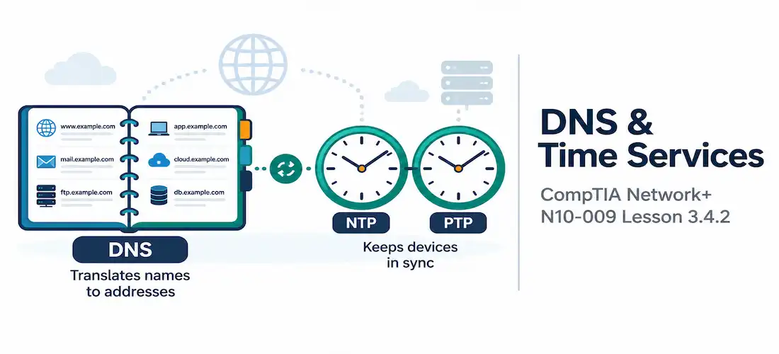 Lesson 3.4.2 — Dns &Amp; Time Services: Ntp, Ptp &Amp; Nts 1 Illustration Of An Open Address Book Connected To Two Synchronized Clock Faces