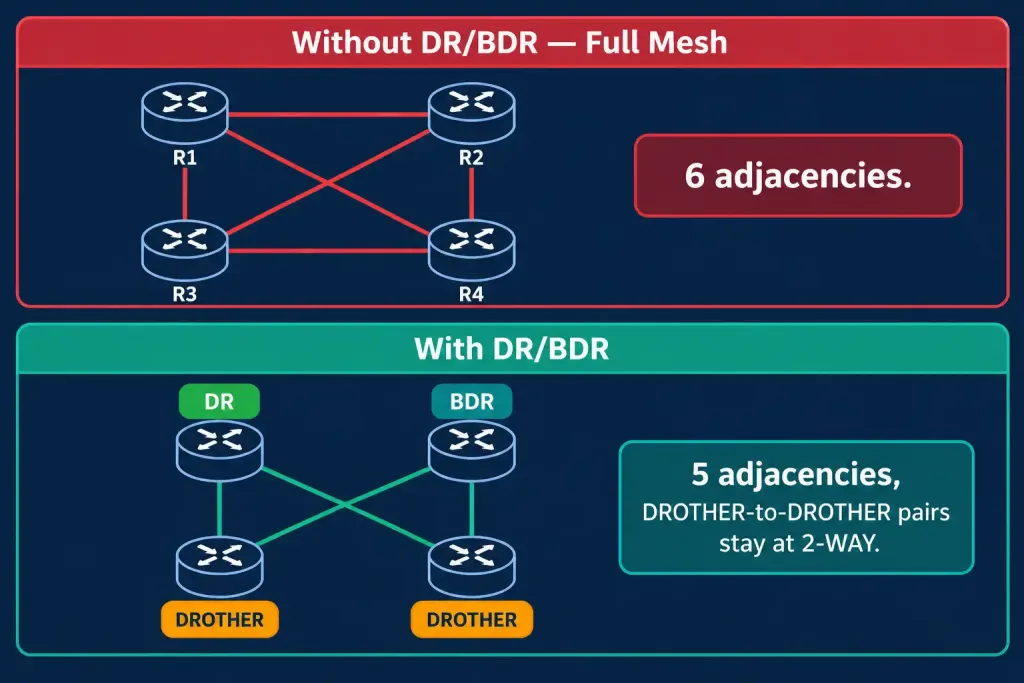 Configure And Verify Single-Area Ospfv2 3 Comparison Diagram Showing Full Mesh Adjacencies Versus Reduced Adjacencies After Dr/Bdr Election
