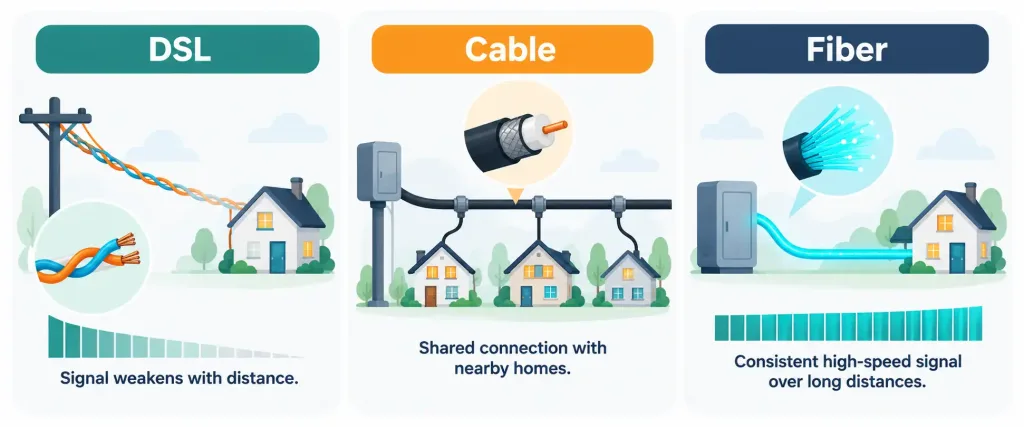 Lesson 2.7: Internet Service Types 3 Comparison Of Dsl Copper Wiring, Cable Coaxial Infrastructure, And Fiber-Optic Cable Delivering Internet To A Home