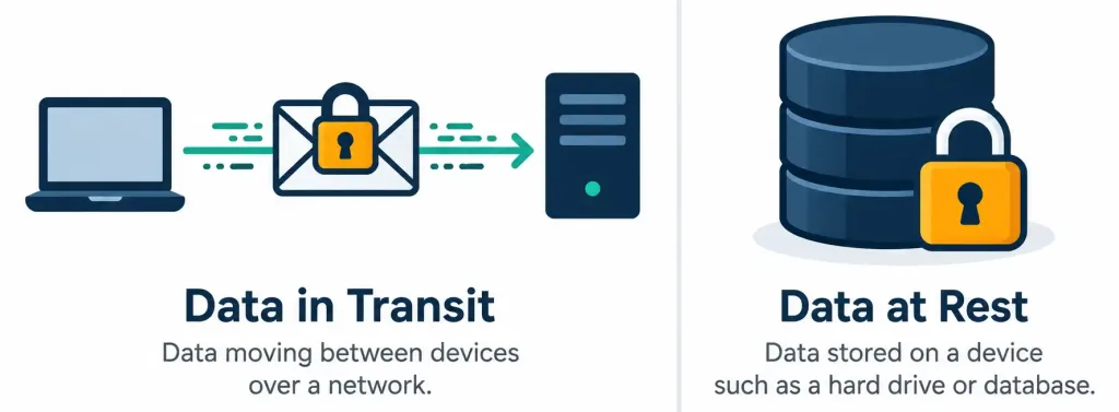 Lesson 4.1.1 — Cia Triad, Risk Terminology &Amp; Encryption 4 Diagram Comparing Encrypted Data Moving Across A Network Against Encrypted Data Sitting In Storage