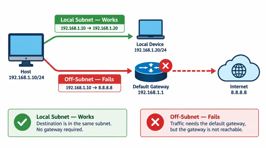 Lesson 5.3.1 — Troubleshooting Routing &Amp; Gateway Issues 3 Diagram Showing Local Subnet Traffic Succeeding While Off-Subnet Traffic Fails Due To A Broken Default Gateway