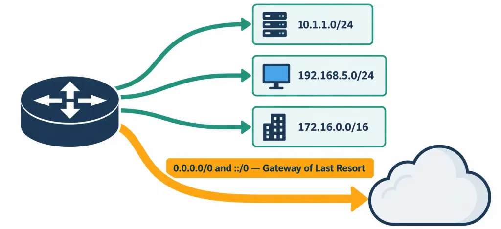 Configure And Verify Ipv4 And Ipv6 Static Routing 4 Diagram Showing A Default Route Catching All Traffic Not Matched By More Specific Routes