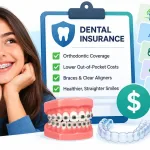 A Smiling Girl Wearing Braces Beside A Dental Insurance Checklist, Orthodontic Treatment Models, Clear Aligners, And Insurance Provider Cards Representing Coverage For Braces And Orthodontic Care.