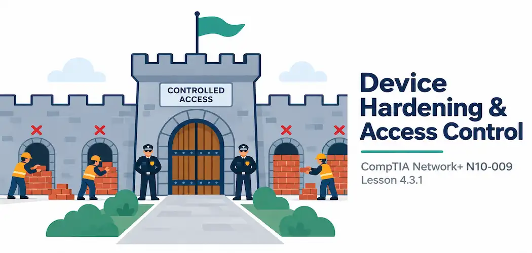 Lesson 4.3.1 — Device Hardening &Amp; Network Access Control 1 Illustration Of A Fortress Wall With Unnecessary Side Doors Being Bricked Up, Leaving One Guarded Main Gate