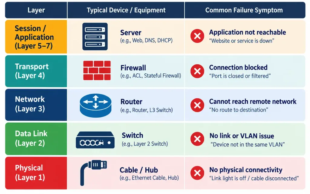 Lesson 1.1 - Osi &Amp; Tcp/Ip Models 5 Diagram Mapping Common Network Devices And Failure Symptoms To Their Osi Layer
