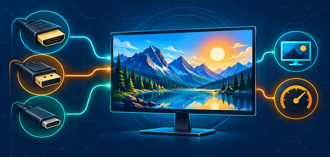 Lesson 2.5.2: Display Ports And Video Technology 1 Illustration Of A Monitor Connected Via Hdmi, Displayport, And Usb-C With Resolution And Refresh Rate Icons