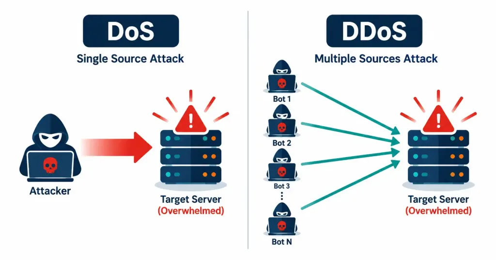 Lesson 4.2.1 — Network-Based Attacks: Dos, Vlan Hopping, Mac Flooding, Arp/Dns Poisoning &Amp; On-Path Attacks 2 Diagram Comparing A Single-Source Dos Attack Against A Distributed Multi-Source Ddos Attack Overwhelming The Same Target