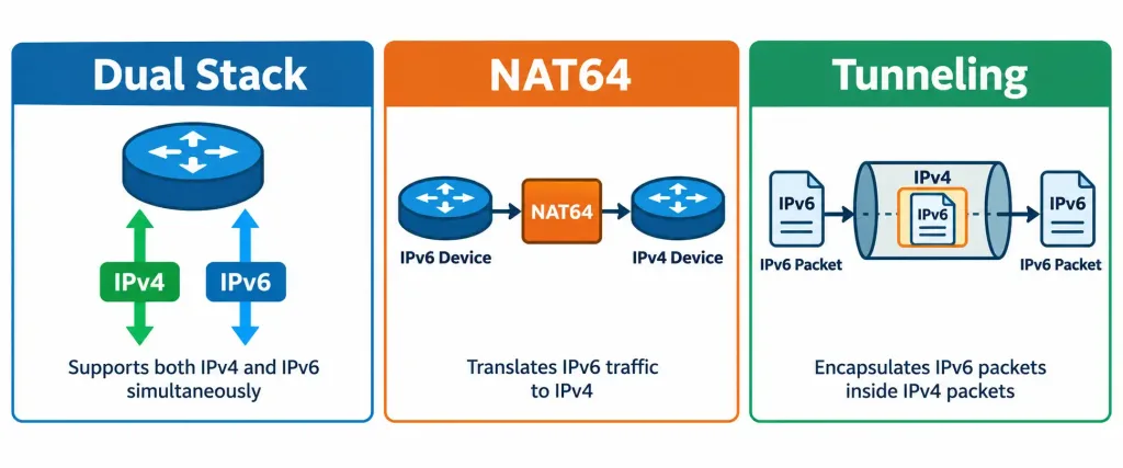 Lesson 1.8.1 — Ipv6 Addressing &Amp; Transition Mechanisms 4 Diagram Comparing Dual Stack, Nat64, And Tunneling As Ipv4-Ipv6 Transition Mechanisms