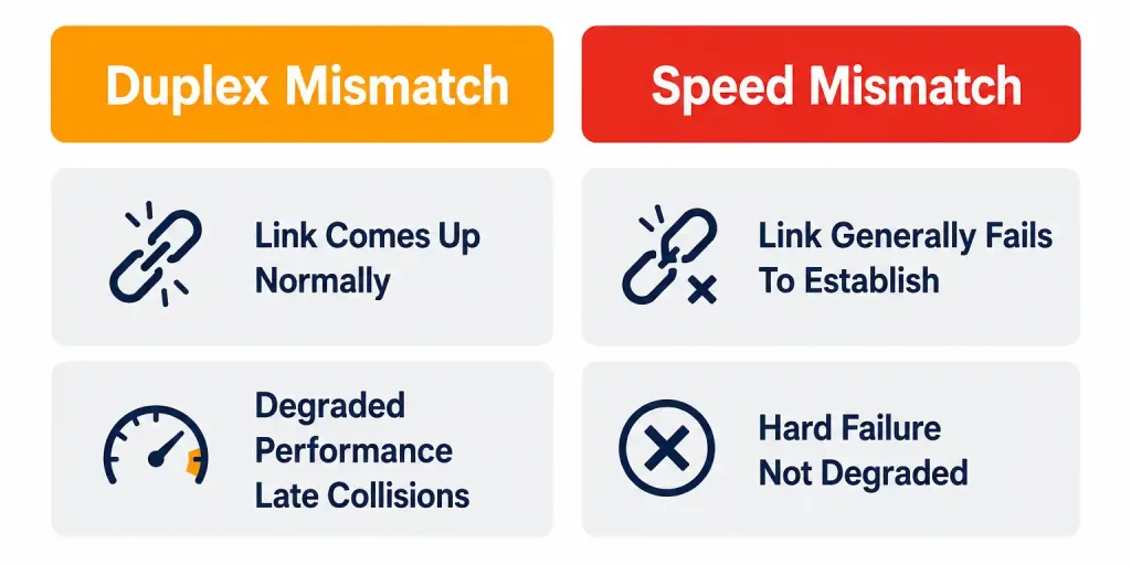 Identifying Interface And Cable Issues: Collisions, Errors, And Mismatches 4 Comparison Showing Duplex Mismatch As A Degraded-But-Up Link Versus Speed Mismatch As A Hard Link Failure