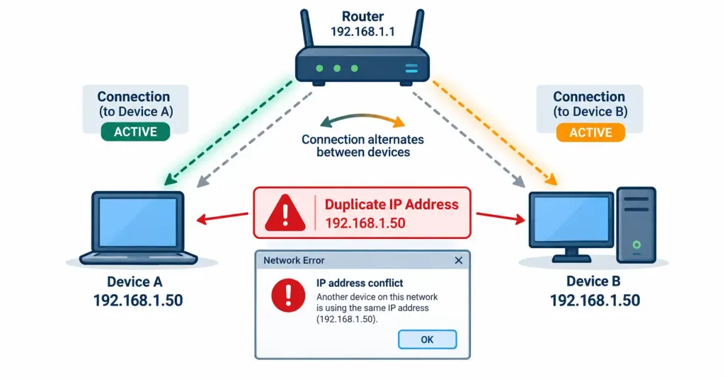Lesson 5.3.2 — Troubleshooting Dhcp, Ip Addressing &Amp; Subnet Issues 3 Diagram Showing Two Devices Sharing The Identical Ip Address With An Unstable Connection And An Os Warning Dialog