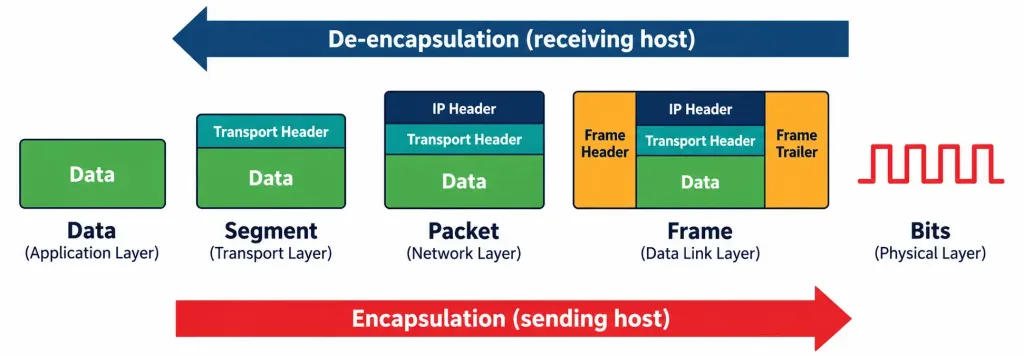 Lesson 1.1 - Osi &Amp; Tcp/Ip Models 4 Diagram Showing Data Encapsulation From Data To Bits And De-Encapsulation In Reverse