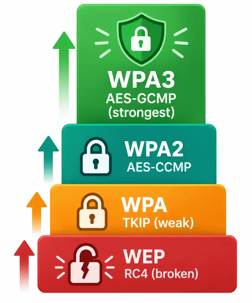 Describe Wireless Security Protocols 6 Chart Showing The Progression Of Encryption Algorithms From Rc4 Through Tkip, Aes-Ccmp, To Aes-Gcmp Across Wireless Security Generations