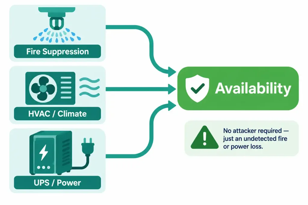 Describe Security Program Elements 5 Diagram Showing Fire Suppression, Climate Control, And Ups Systems All Supporting The Availability Leg Of The Cia Triad