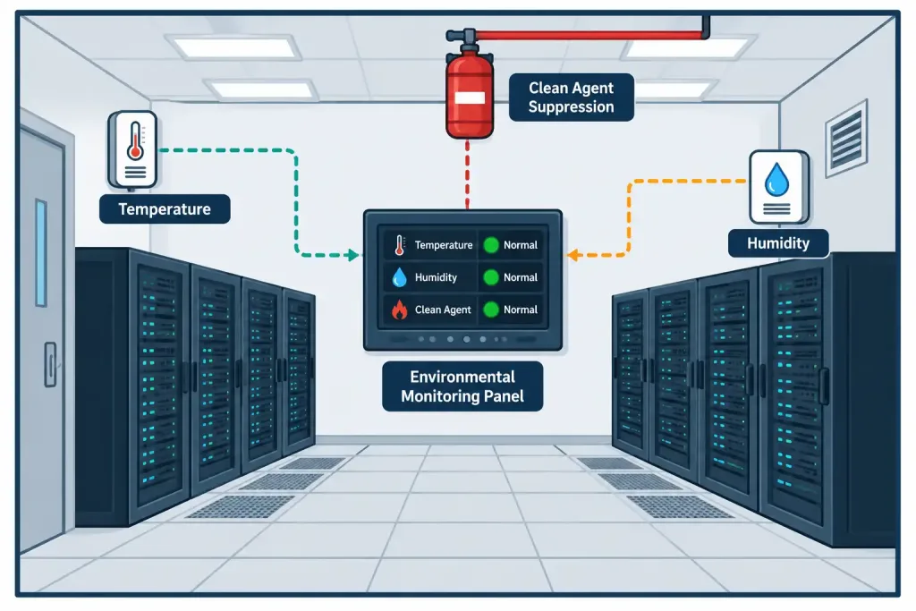 Lesson 2.4.2 — Power And Environmental Factors 4 Diagram Showing Temperature And Humidity Sensors Alongside A Clean Agent Fire Suppression System In A Server Room