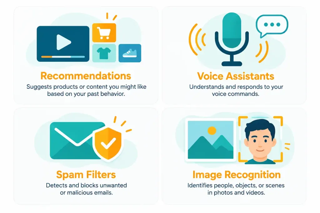 Lesson 3.5: Common Uses Of Artificial Intelligence 3 Grid Showing Recommendation Systems, Voice Assistants, Spam Filters, And Image Recognition As Everyday Ai Uses